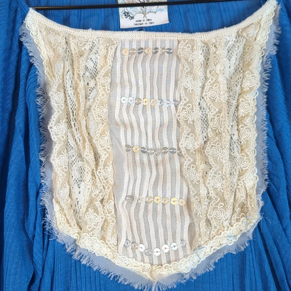 Free People Blue‎ Sequin & Lace Tunic Long Sleeve Shirt XS